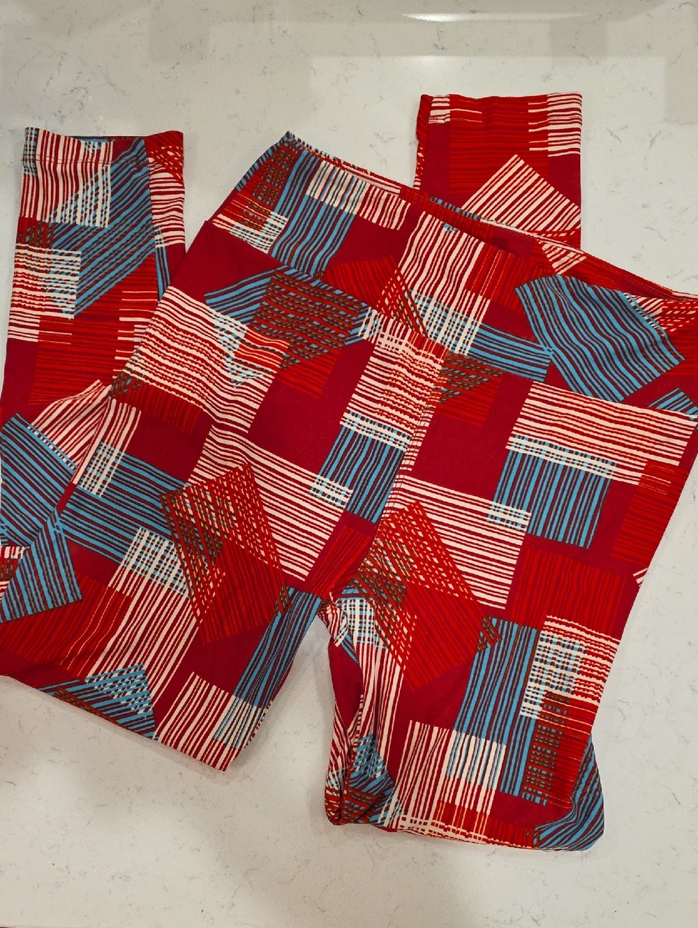 LuLaRoe Red, Blue & Cream Geometric Stripe Leggings